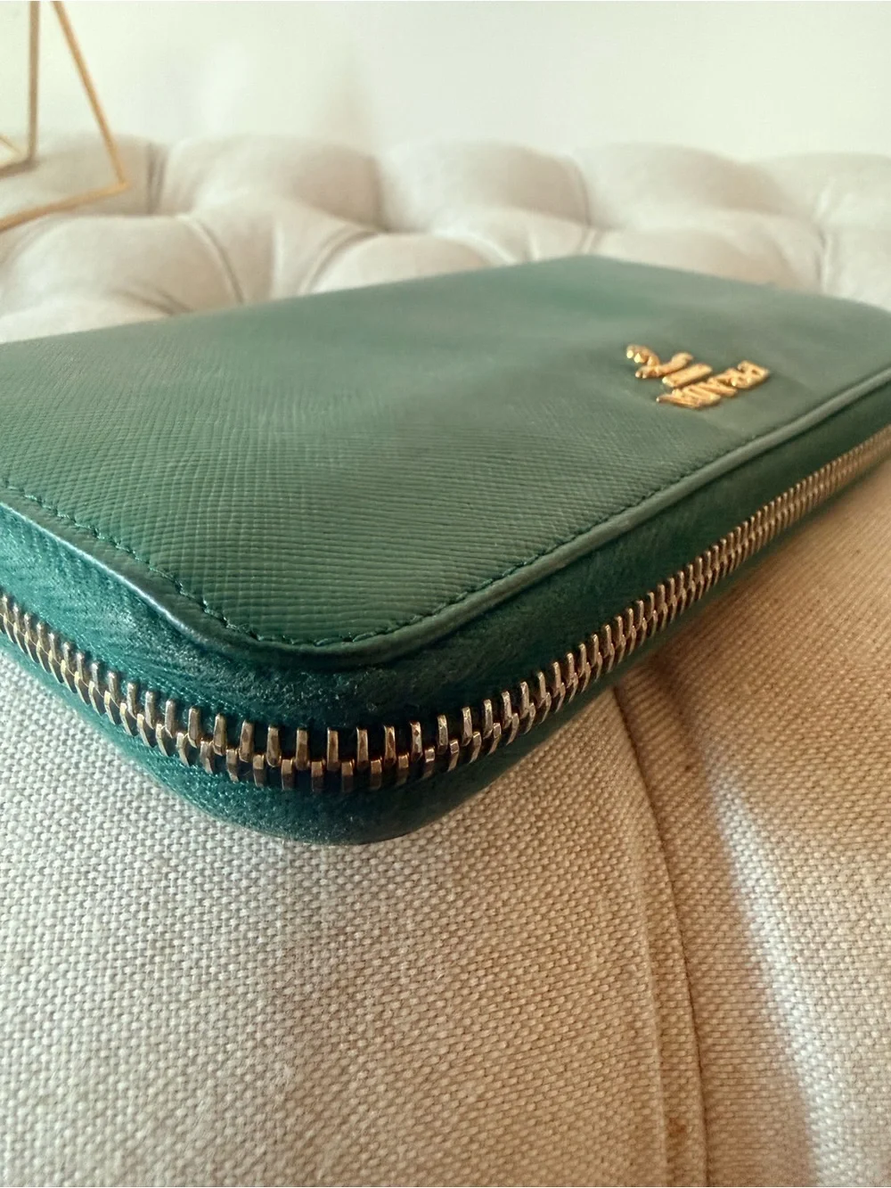 PRADA Emerald Green Saffiano Leather Zip Around Wallet Long Continental